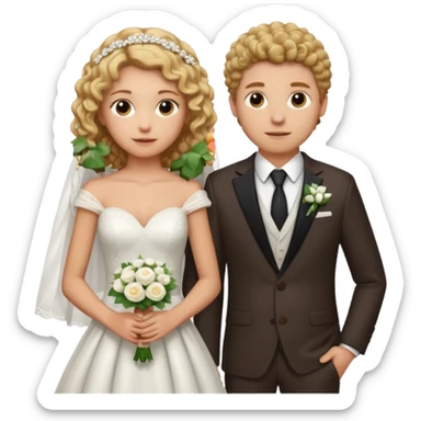Blonde light brown girl skin in wedding dress curly hair with white men next too her with a suit on and straight brown  hair sticker
