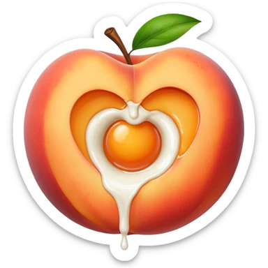 big hole in the middle of a peach. milk is leaking out of the hole sticker