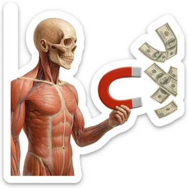 corpo umano anatomico con calamita rossa in mano che attira banconote, iperrealistica 4k, isolato su sfondo bianco sticker