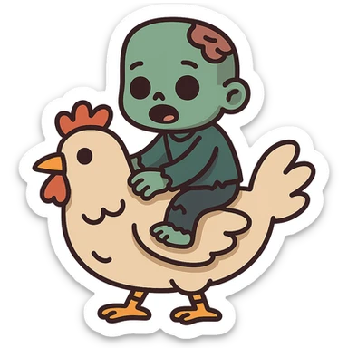 flat toon style baby zombie riding a chicken sticker
