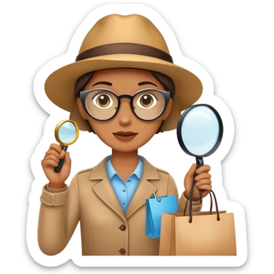 mystery shopper holding a magnifying glass and a shopping bag sticker