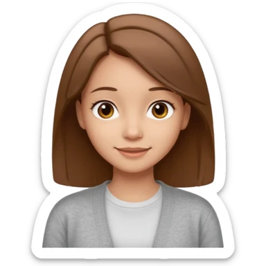 The girl has straight medium-length brown hair, light skin, wearing a white t-shirt and gray cardigan. Gentle smile, friendly neutral expression sticker