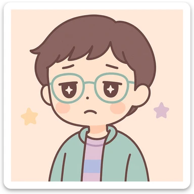 short-haired girl with a boyish style, tired face, wearing glasses, Japanese cartoon style sticker