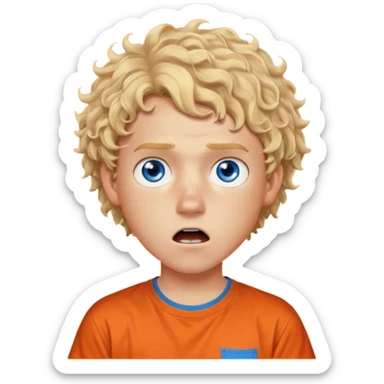 teenage boy with curly blond hair and blue eyes with freckles wearing an orange “Camp Halfblood” tshirt with the official percy jackson camp halfblood logo on it have hime doing a shocked face sticker