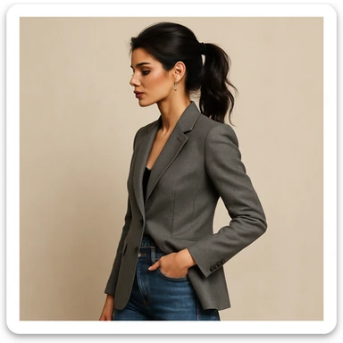 Change the outfit to a fashionable blazer and jeans in photorealistic style with a neutral background. sticker