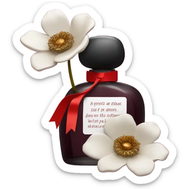 Dark red romantic perfume bottle with red anemones and a silk red ribbon sticker