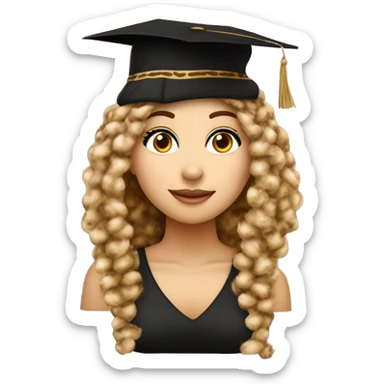 Ragazza con capelli ricci castano chiaro, occhi castani, vestita elegante con questo cappello 🎓, ed un leopardo vicino sticker