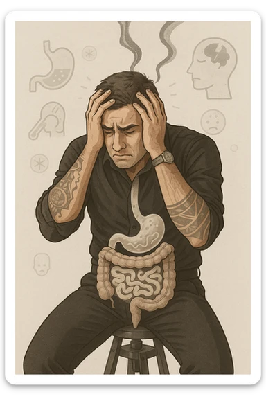 a person sits with a troubled expression, holding their head in their hands. A transparent overlay on their body reveals stylized images of parasites in the digestive tract, while faint, shadowy tendrils extend upward toward the brain, symbolizing the psychological impact. The background is clinical and educational, with subtle icons representing both physical and mental symptoms. sticker