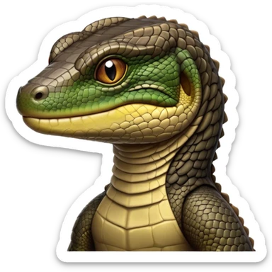Cinematic Realistic Noble Monitor Lizard Portrait Emoji, Poised and imposing, with a robust, muscular build and a rugged, intricately scaled hide in natural olive and dark brown tones, a sharply defined head with intense, observant eyes, rendered with lifelike detail and authentic texture, high shine, intelligent and formidable, styled with an air of desert authority, focused and attentive, soft glowing outline, capturing the essence of a watchful and confident monitor lizard that appears ready to stride out of the screen with effortless power! sticker