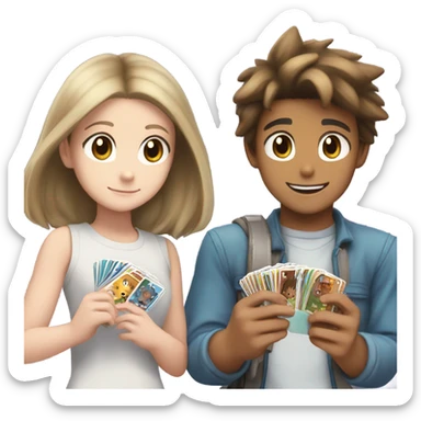 white brown haired boy and white brown haired girl open pokemon cards together sticker