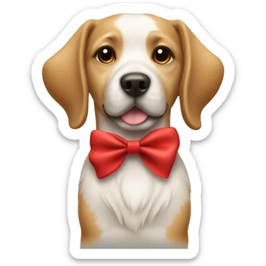 A dog with red bow near neck sticker
