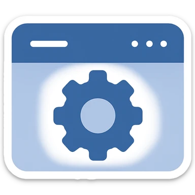 Refine the settings-in-browser icon by removing any black or dark background around the gear. Show only a simple blue browser window with a blue gear in the center, using almost exclusively blue shades. The style is flat modern with clean and simple lines, prioritizing clarity and minimal use of other colors. The background is fully transparent. sticker