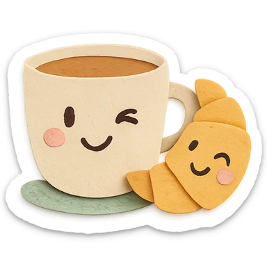 coffee cup with croissant character, winking, soft pastel hand-drawn style, transparent background sticker