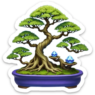 Futuristic wild glowing space alien moss maples shohin Bonsai hair-pine-leaf group multi faceted intricate crystalline inspired boxwood purple blue informal rocky cliffhanger eight trees forest planting in shallow willow slab style pot with big animal-like feet  sticker