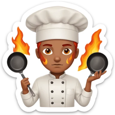 determined chef with fiery eyes, holding two crossed cooking pans defensively across chest sticker