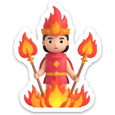 stylized figure in motion, holding a trident or blade, surrounded by fire, representing action and mythology, inspired by Hades sticker