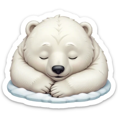 Meme-Worthy cute Sleeping Polar Bear Portrait Emoji, Head resting peacefully with a contented smile, showcasing a luxuriously soft snowy coat and eyes closed in serene slumber, Simplified yet hilariously adorable features, highly detailed, glowing with a soft, drowsy polar light, high shine, relaxed and utterly lovable, stylized with an air of playful laziness, bright and heartwarming, soft glowing outline, capturing the essence of a sleeping polar guardian that feels destined to become the next viral sensation of adorable rest! sticker