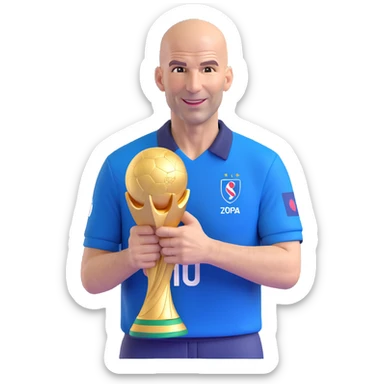 Zinedine Zidane, 1998, 3D emoji style, blue France shirt, number 10, holding the World Cup trophy, joyful face sticker