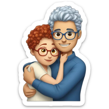 a girl with red curly hair and blue glasses hugging a boy with gray hair sticker