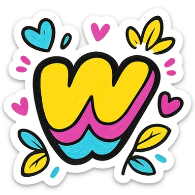 colorful, plump Wattpad logo 'w' with bold outline, expressive shadows, glossy highlights, decorated with bright leaves and hearts around the logo, juicy vibrant style sticker