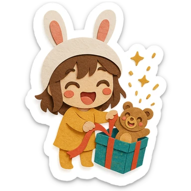 laughing chibi cute girl with a bunny hat, unwrapping a magical glitter gift box with a small laughing teddy bear inside, full body, clean and polished, no imperfections, paper-craft style sticker