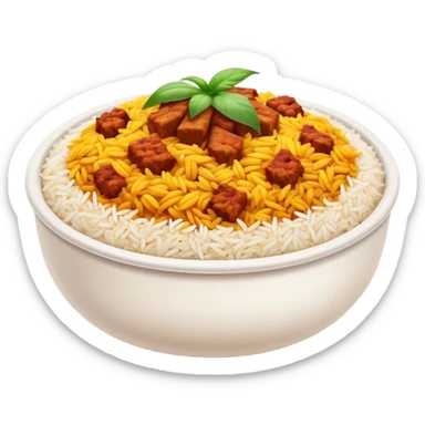 Cinematic Realistic Biryani Dish Emoji, depicted as aromatic basmati rice layered with spiced meat and herbs rendered with vibrant textures and warm, inviting lighting. sticker