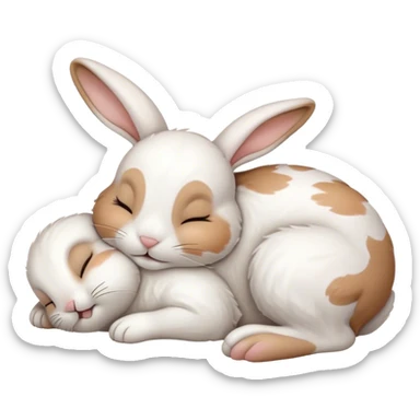 Meme-Worthy Cute Sleeping White and Brown Rabbit Portrait Emoji, Head resting peacefully with a contented smile, showcasing a delightfully balanced build and a luxuriously soft patterned fur of white and brown, eyes shut in a serene nap, Simplified yet hilariously adorable features, highly detailed, glowing with a soft, drowsy light, high shine, relaxed and utterly lovable, stylized with an air of playful laziness, bright and heartwarming, soft glowing outline, capturing the essence of a comically sleepy bunny, so meme-worthy it feels like it could instantly become the next viral sensation of adorable slumber! sticker