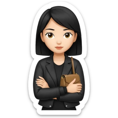 A girl with a pony tail black hair and Asian tan skin, Asian eyes, with a black jacket and a black purse with arms crossed  sticker
