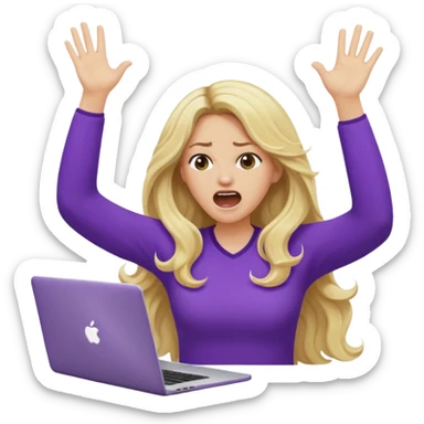lady with long blonde wavy hair, purple top throwing her with a laptop hands in the air screaming sticker