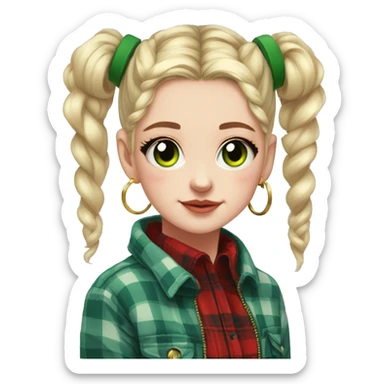  Pale girl, blue eyes, green hair, space buns hairstyle, wearing a red flannel, gold hoop earrings, thick wing eyeliner sticker