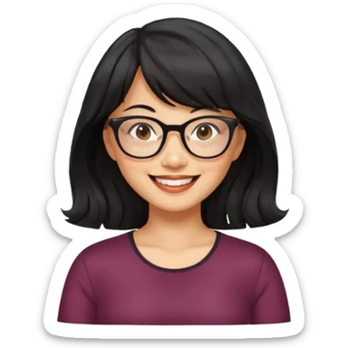 40 yr old asian woman wavy black hair bangs big glasses big smile tanned skin brown eyes sticker