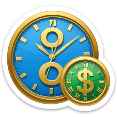 Flat vector icon of money with ruble symbol and a clock, representing tax payment deferral, minimalist governmental infographic style, solid shapes, high contrast, no shadows, no text, white background sticker