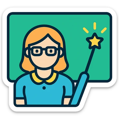 Convert this female teacher in front of a chalkboard with a glowing magic stick icon to a color version, using a clean, educational palette and no background. sticker