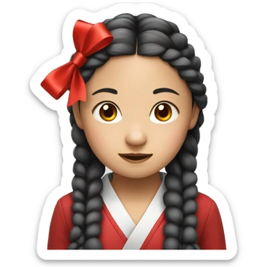 An Asian girl with braided hair and a red ribbon sticker