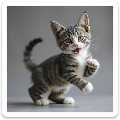 a realistic playful cat, white nose and underbelly, gray fur, tail curled, photorealistic style sticker