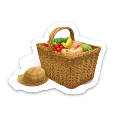 Generate an emoji of a picnic scene in the countryside, with a checkered blanket, a picnic basket, and rolling green hills. Include a bright sun, scattered flowers, and a few fluffy clouds for a cheerful outdoor vibe.” sticker