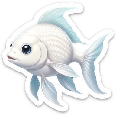 Cinematic Noble White Goldfish Portrait Emoji, Poised and regal, with a sleek, streamlined build and a luminous, pure white body, deep-set soulful pale eyes, Simplified yet sharp and sophisticated features, highly detailed, glowing with a soft, dignified glow, high shine, intelligent and graceful, stylized with an air of aquatic purity, focused and attentive, soft glowing outline, capturing the essence of a watchful and confident aquatic companion, so majestic it feels as though it could glide out of the screen with effortless authority! sticker