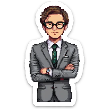 front-facing pixel art businessman, waist up, sharp suit, hand under chin, gazing slightly to the side, wearing stylish glasses, luxury watch visible, expression of curiosity or contemplation, clean background sticker