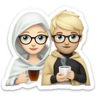 Pale blonde girl with blue eyes wearing glasses and pale man with short black hair and beard drinking tea under a blanket sticker