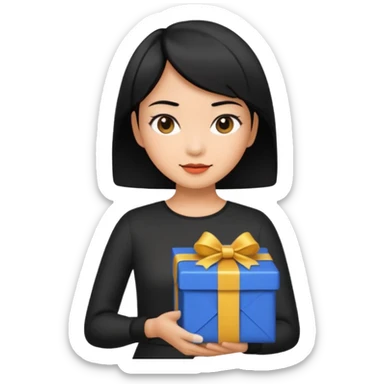 asian woman short hair tanned, holding with black present - emoji style sticker