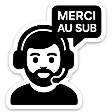 A person with black hair, brown eyes, and a black beard wearing a gaming headset saying "merci au SUB" sticker
