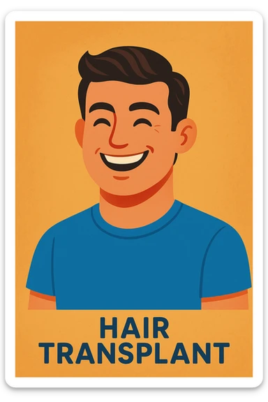 a smiling man after a successful hair transplant, showing full hair, confident and happy, clean modern illustration style sticker