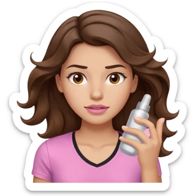 girl with wavy long brown hair, brown eyes, light to medium complexion, long lashes, light pink lipstick, wearing light pink shirt, working out sticker