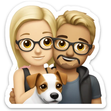  blonde girl without glasses and a white boy with glasses, a little Beard and moustache, both cuddling a jack Russell sticker