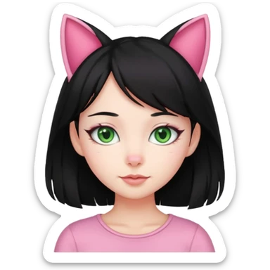 charming girl, black hair, green eyes, pink cat ears sticker