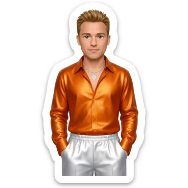 Donnie Wahlberg from NKOTB with brown eyes, golden brown hair, orange metallic shirt, white metallic baggy pants, silver necklace sticker