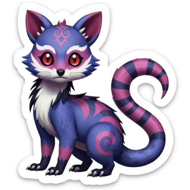 Rare warm-colored exotic gloomy tropical edgy cute epic aesthetic spooky indigo purple white black red gothic colorful Salandit-Furret-Espurr-Meowstic-Civet-species-Fakemon-hybrid-creature, with tribal tattoo markings, full body sticker