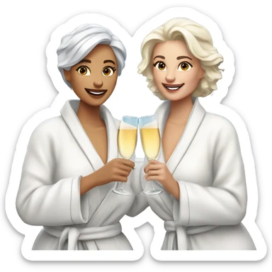 A young blonde woman and an older woman with silver hair are wearing luxurious white spa robes and having a glass of champagne with snow and mountains in the background sticker