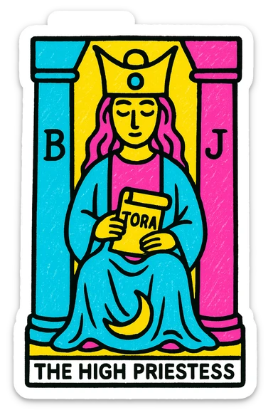 The High Priestess tarot card emoji, serene woman between two pillars, holding a scroll, crescent moon at her feet, vibrant detailed style sticker