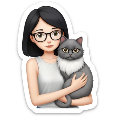 Skinny woman with oval glasses, shoulder length straight black hair, wearing white sleeveless top, hugging a grey Persian-Angora cat, plain background sticker